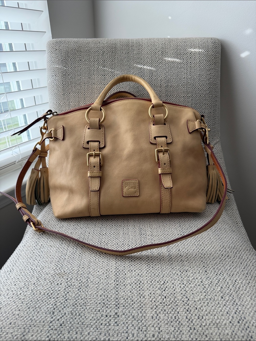 Dooney & Bourke Beige/Tan Leather Satchel with Tassels